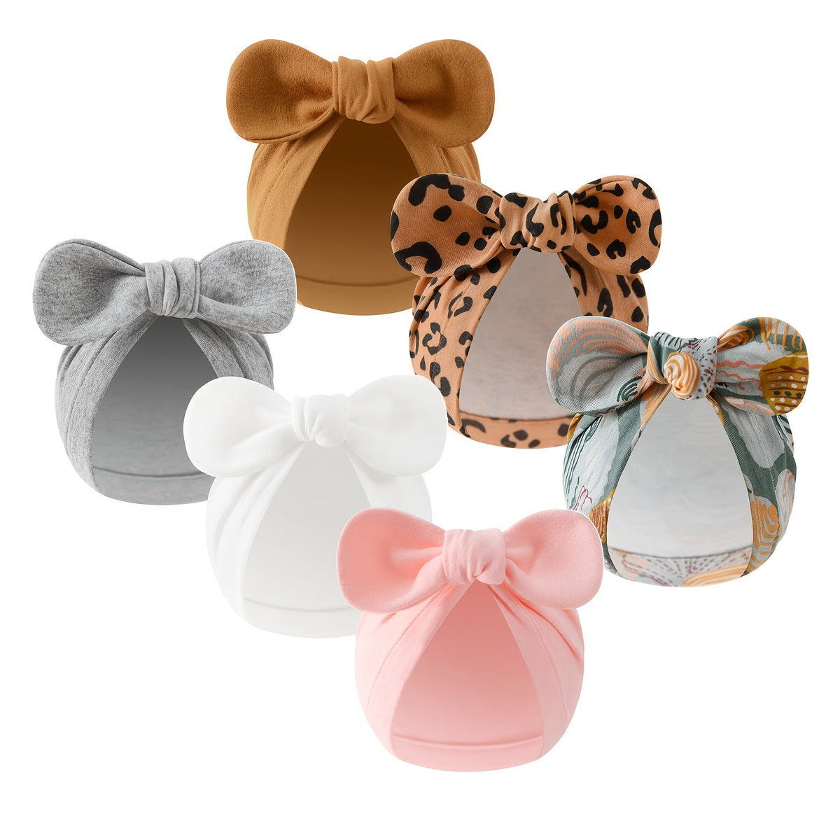 Baby Bow Hat Three-Pack in Solid and Printed Turban Styles with Oversized Fabric Bows for Newborn Outfits