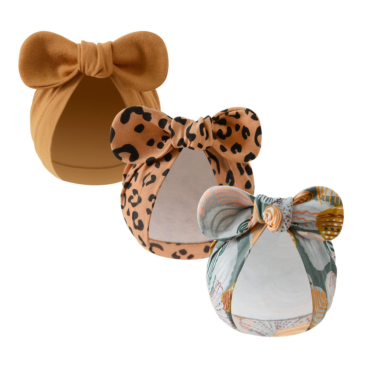 Baby Bow Hat Three-Pack in Solid and Printed Turban Styles with Oversized Fabric Bows for Newborn Outfits