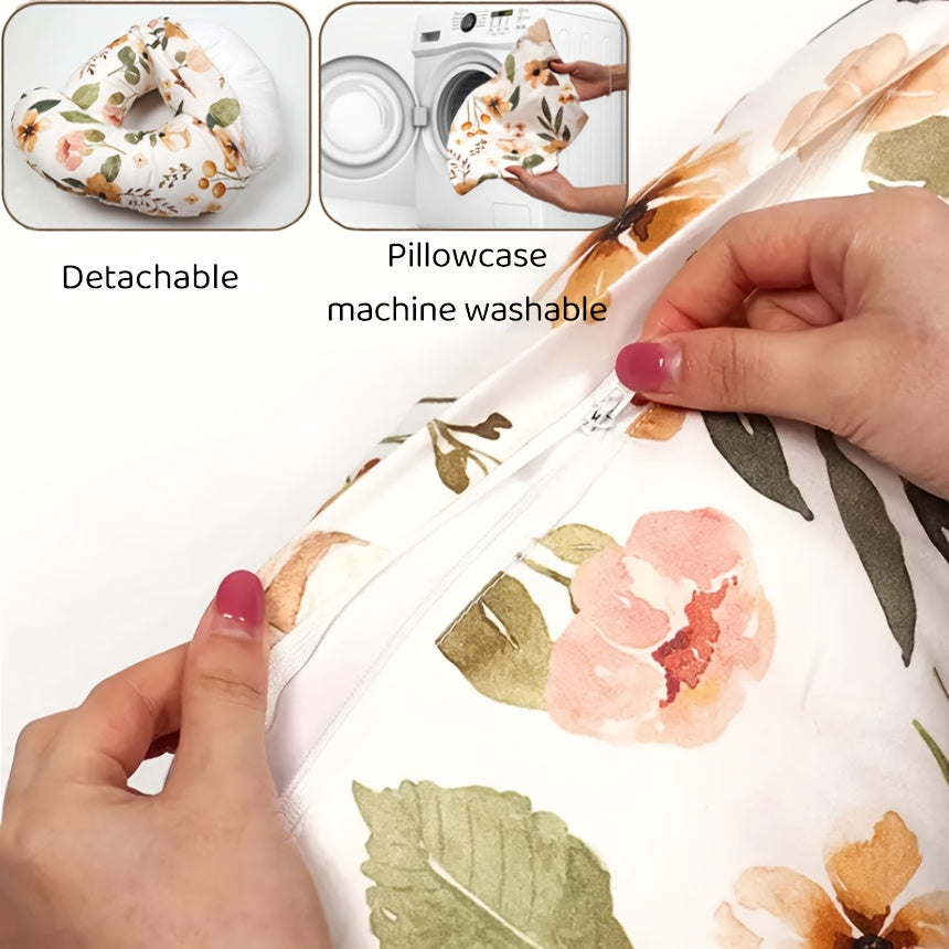 C-Shaped Nursing Pillow with a Removable Printed Cover for Supporting the Arms During Seated Feeding