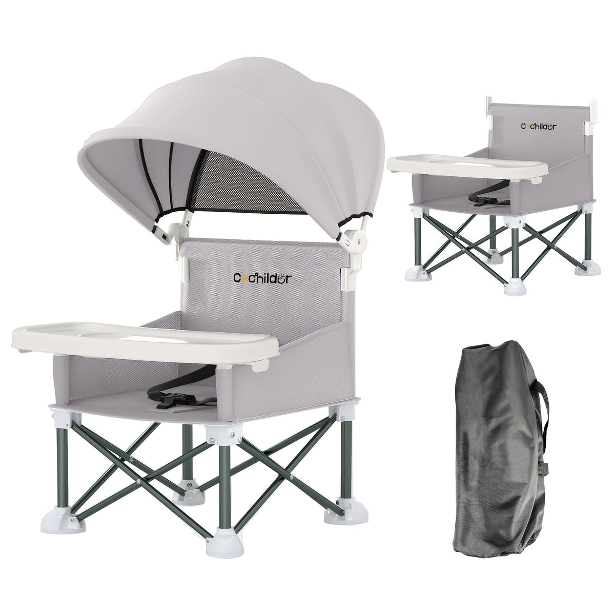 Portable Baby Booster Seat with a Canopy and Detachable Feeding Tray for Family Meals on Days Out