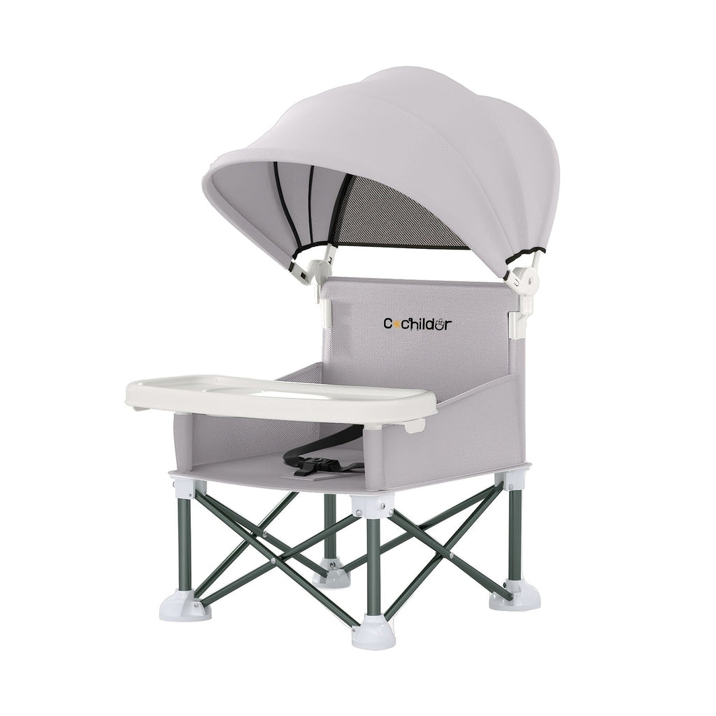 Portable Baby Booster Seat with a Canopy and Detachable Feeding Tray for Family Meals on Days Out