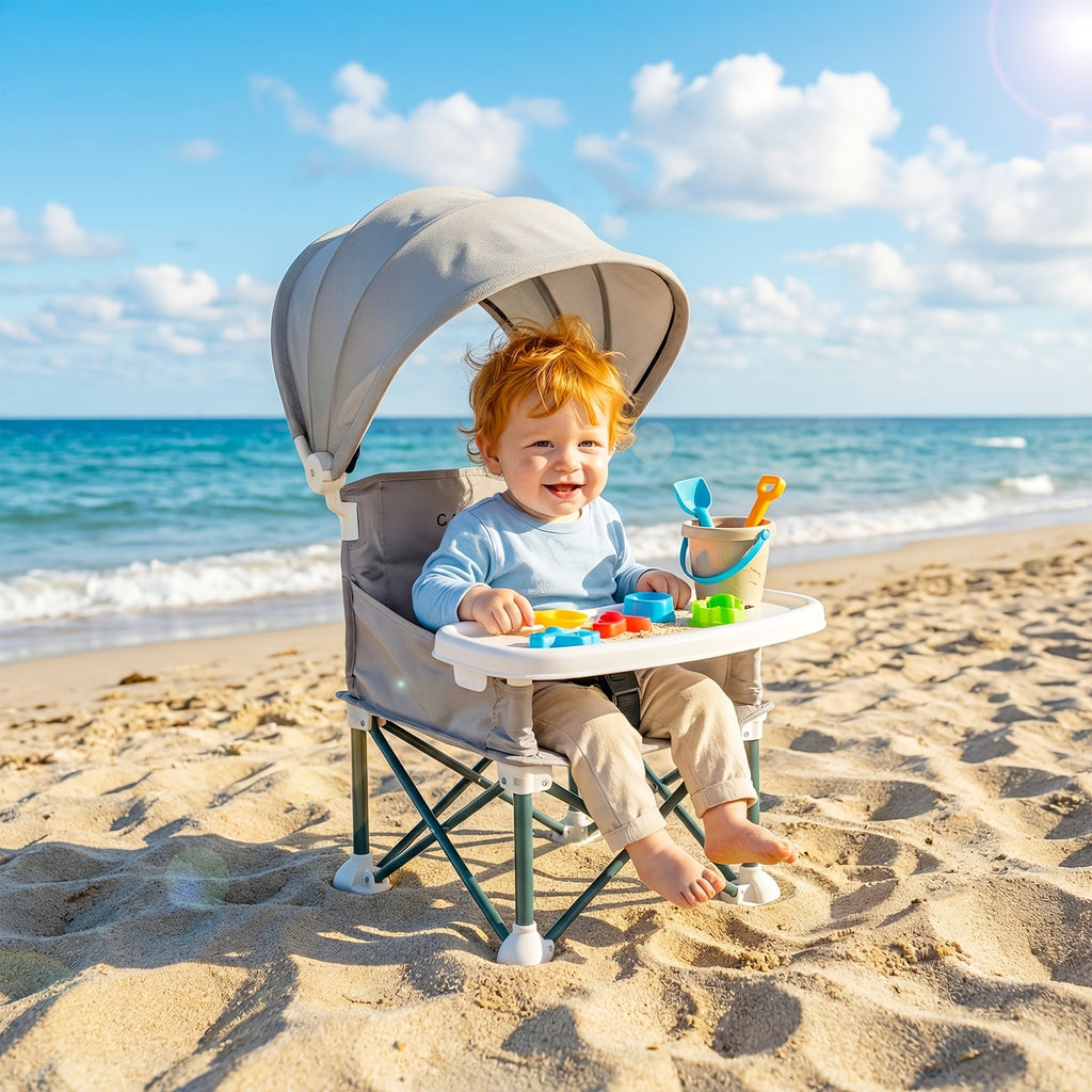 Portable Baby Booster Seat with a Canopy and Detachable Feeding Tray for Family Meals on Days Out