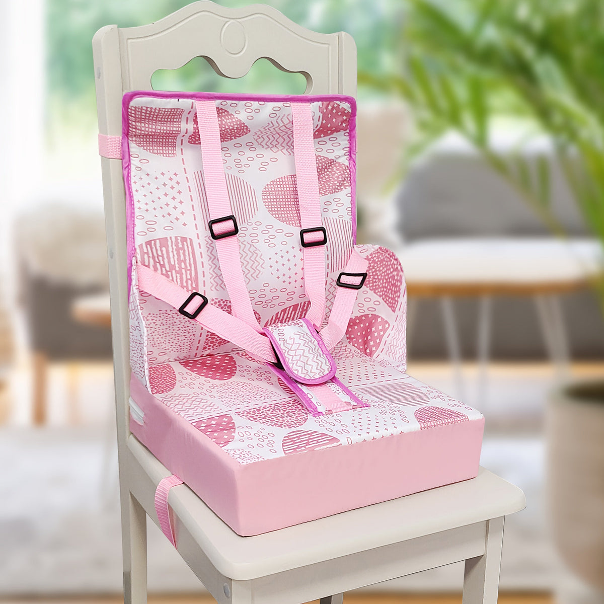 Dining Booster Seat Cushion with an Attached Back Pad and Adjustable Straps in Playful Printed Designs