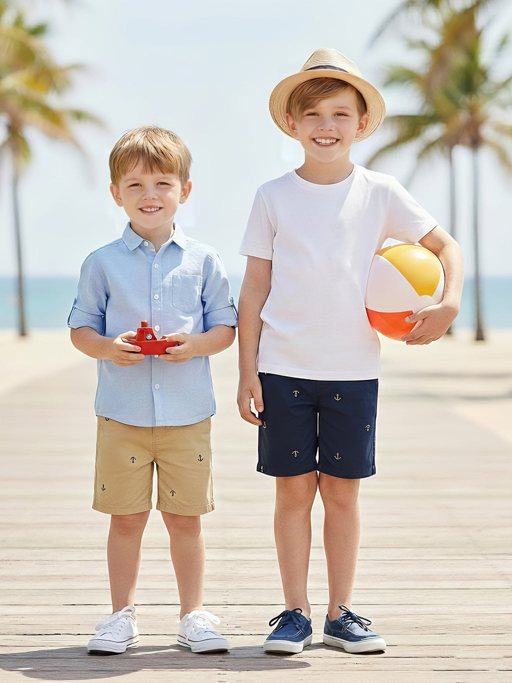Toddler Boys' Anchor Print Cotton Shorts 2-Pack in Khaki and Navy with Pockets for Summer Outfits