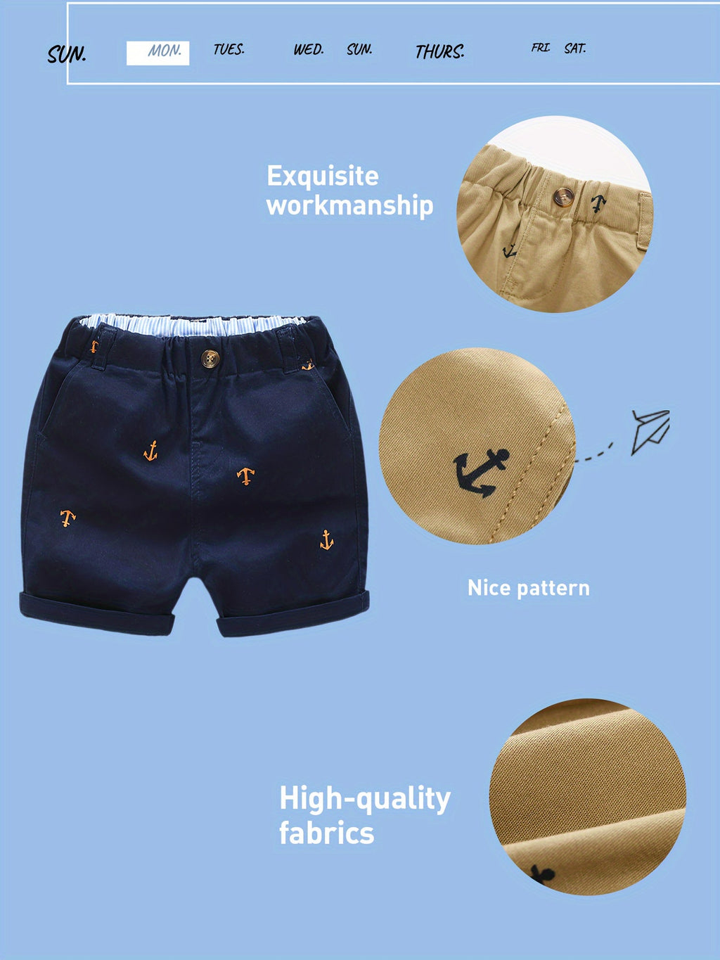Toddler Boys' Anchor Print Cotton Shorts 2-Pack in Khaki and Navy with Pockets for Summer Outfits
