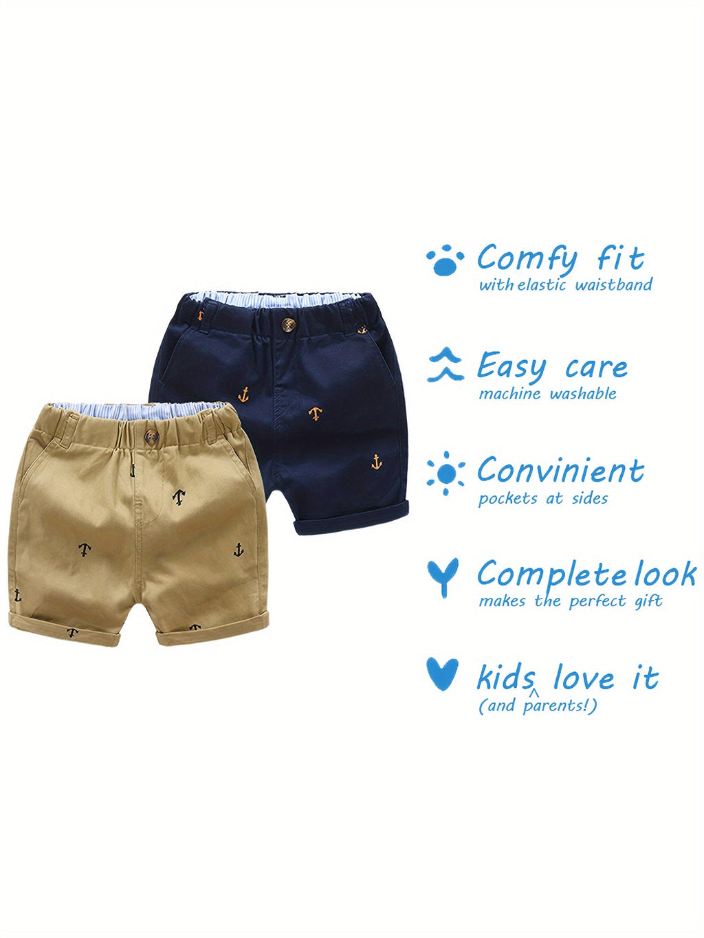 Toddler Boys' Anchor Print Cotton Shorts 2-Pack in Khaki and Navy with Pockets for Summer Outfits