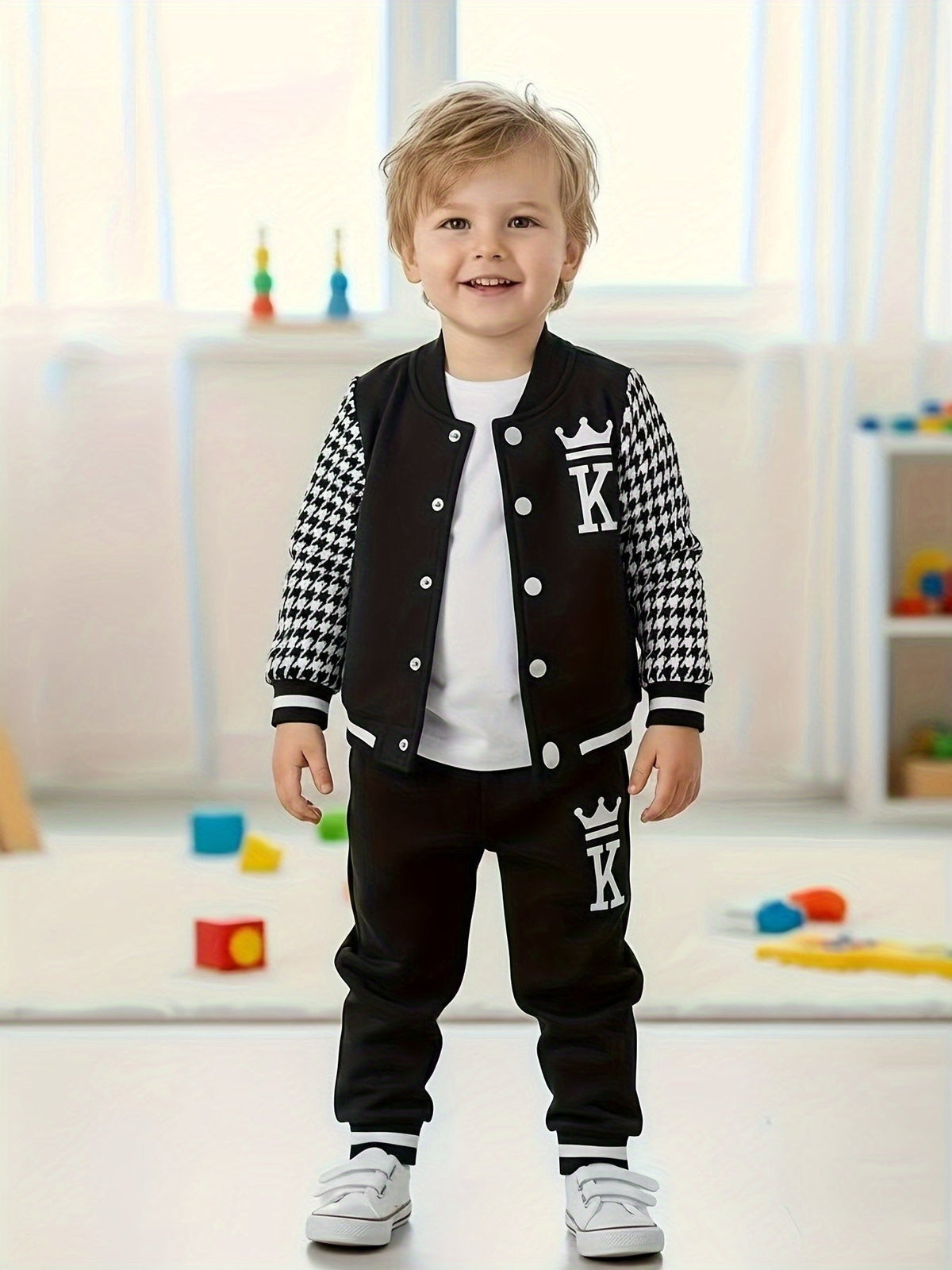 Baby Boys' Jacket Pants Set with Crown K Graphics and Houndstooth Sleeves for Coordinated Everyday Outfits