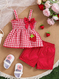 Toddler Girls Shorts Set in Red Gingham with a Strawberry Top and Matching Polka Dot Bottoms