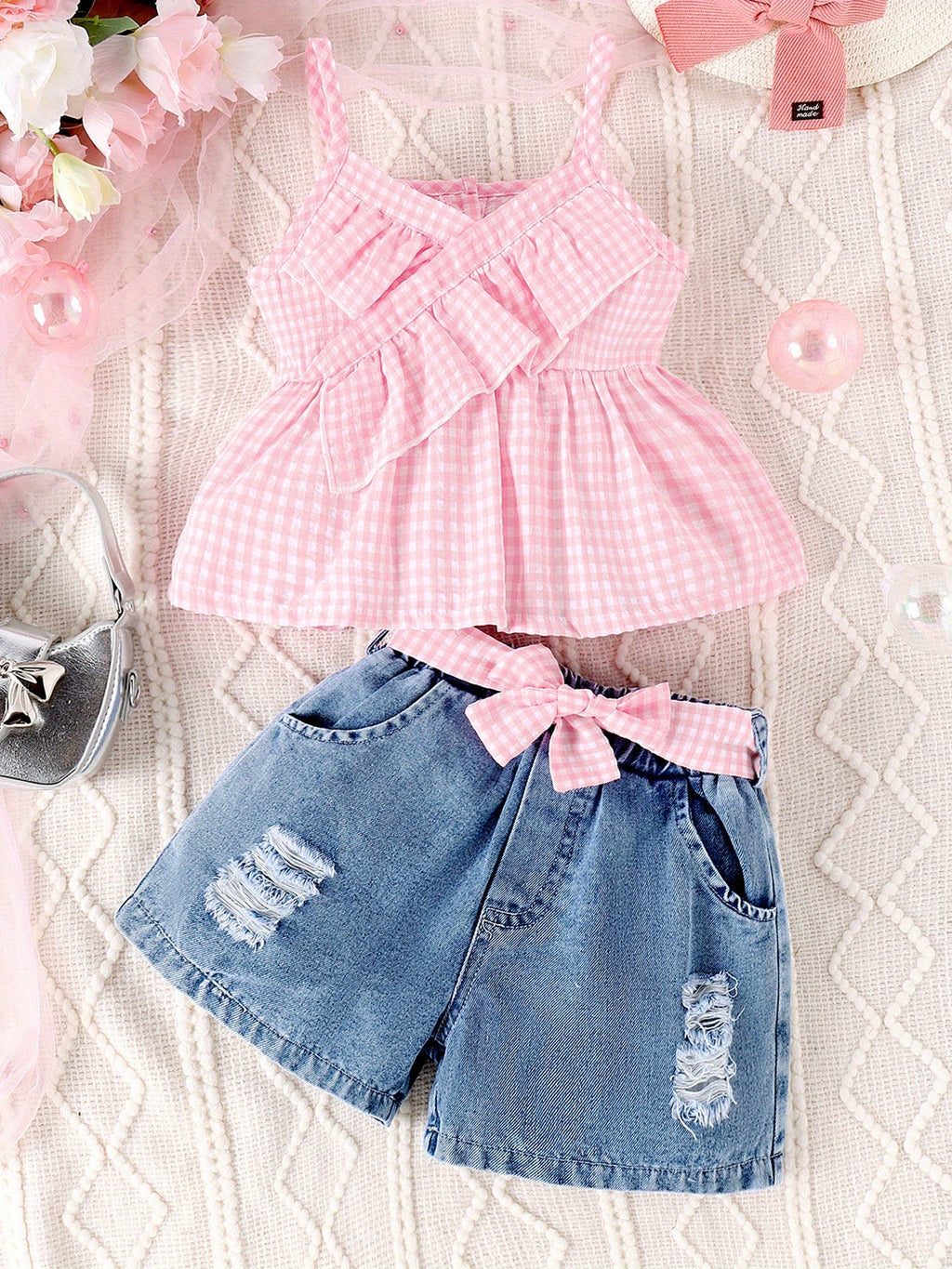 Girls' Pink Gingham Bow Top and Denim Shorts Set with Ruffled Sleeveless Styling for Warm Weather Outfits