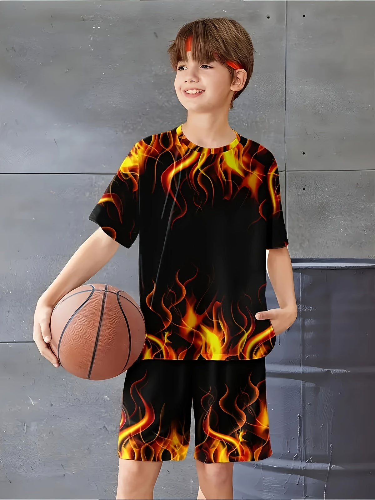 Boys' Three Flame Print Shirt and Shorts Sets in Orange Green and Blue with Crew Neck Short Sleeve Tops