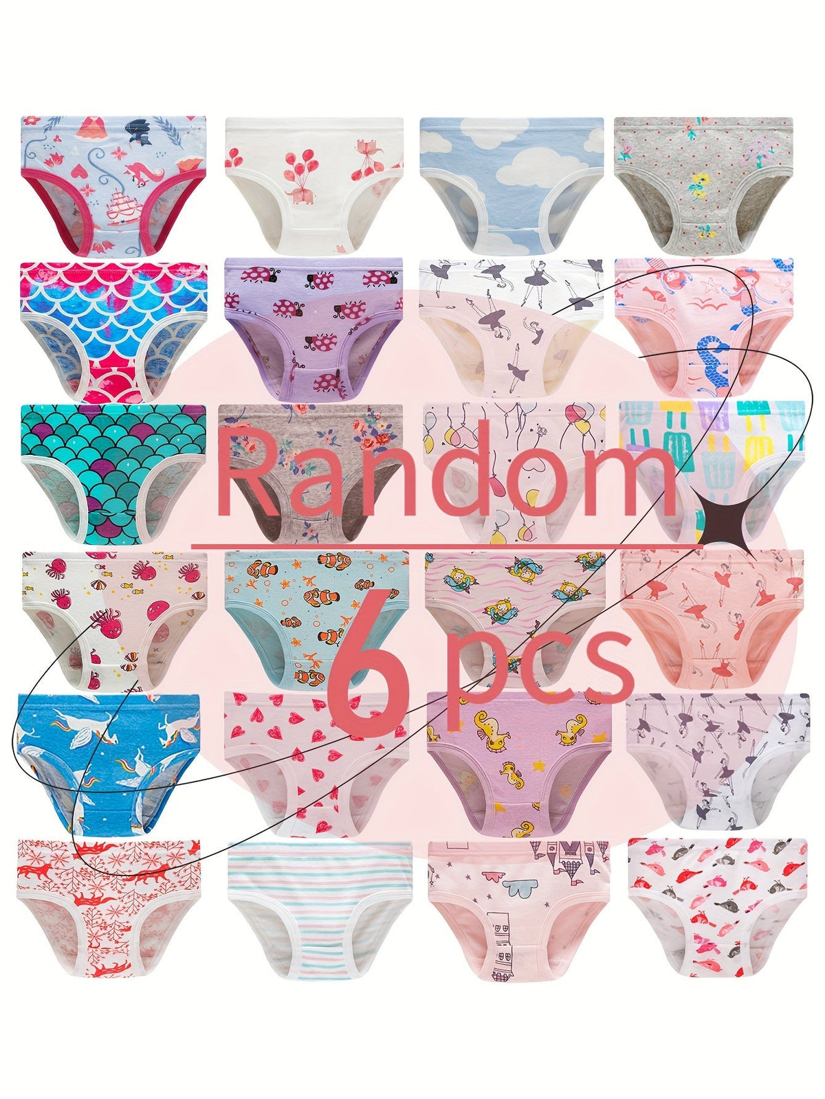 Girls' Random Printed Briefs in a Six Pack with Flower and Animal Designs for Everyday Underwear Changes